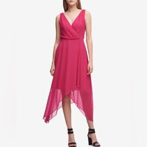 NWT DKNY High Low Hot Pink Chiffon Faux Wrap Midi Dress Size 10 Sleeveless Dress